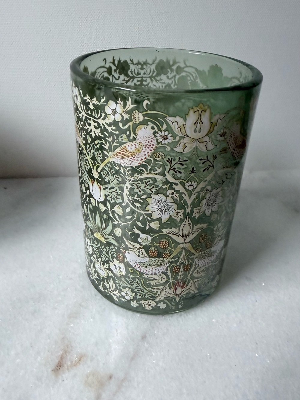 Decorative Green Glass Tumbler with Floral & Bird Motif strawberry thief design